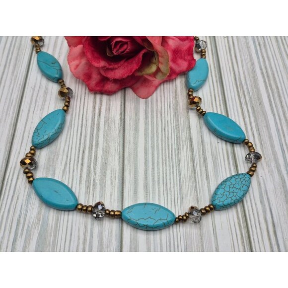 Artisan Bronze Bead & Howlite Stone Faux Turquoise Collar Necklace & Earring Set - Picture 11 of 12